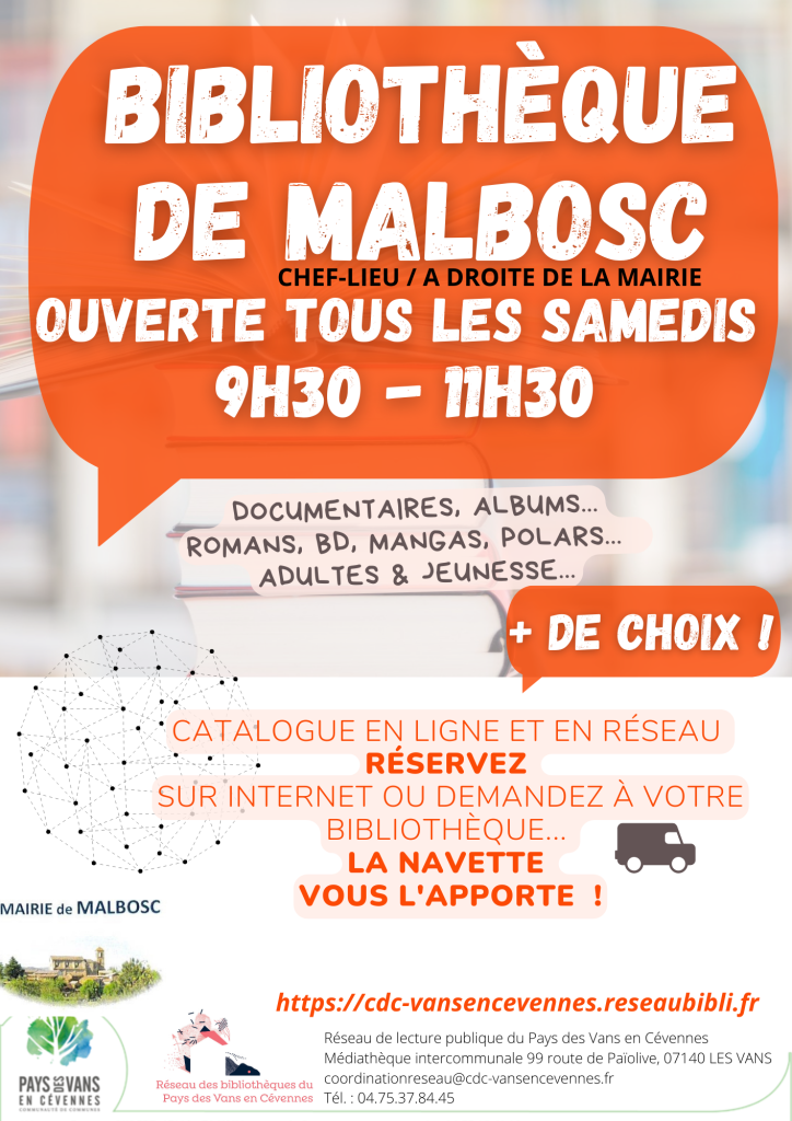 Nouveaux horaires bibliothèque Malbosc