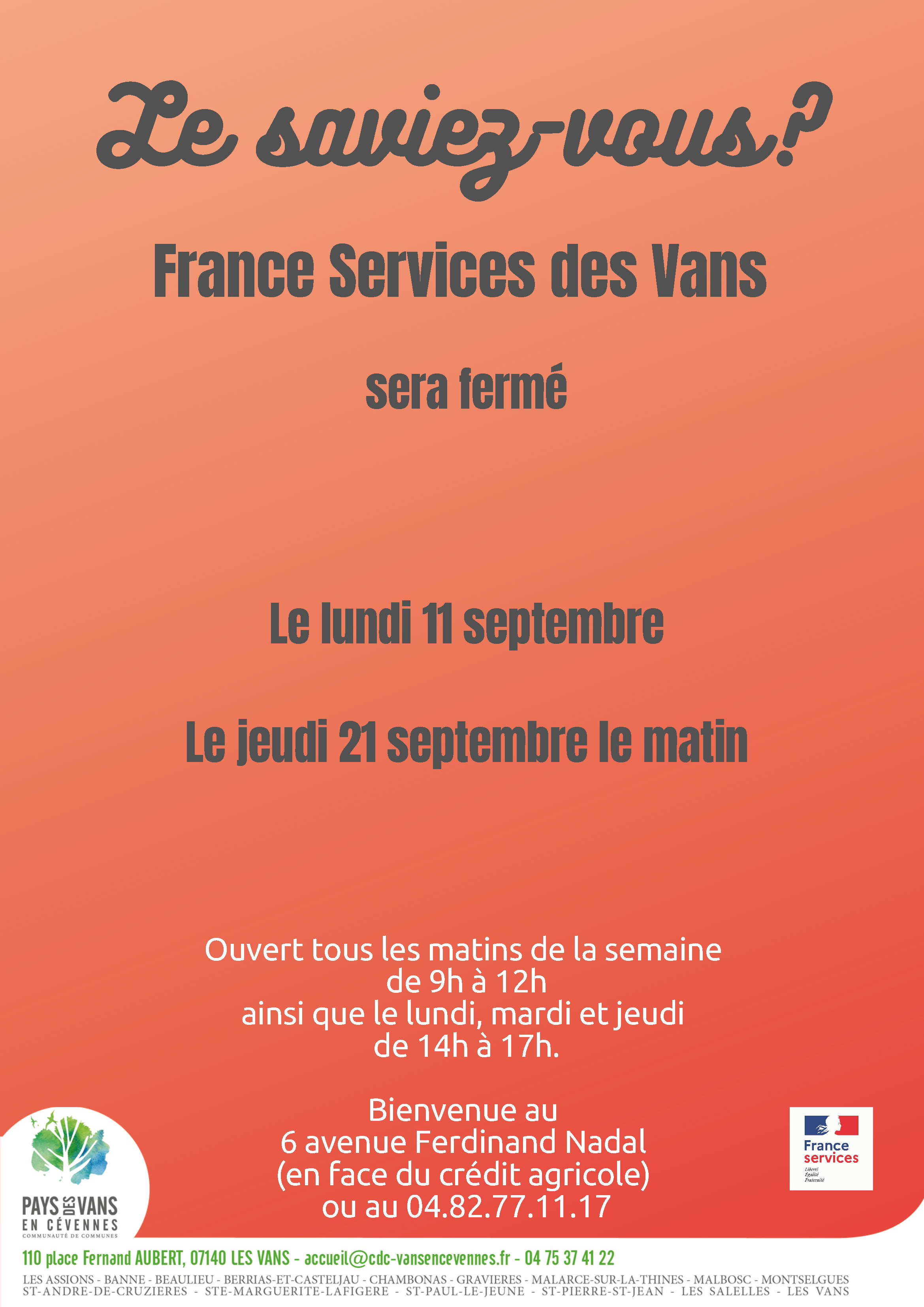 Dates de fermeture de France Services Septembre 2023 