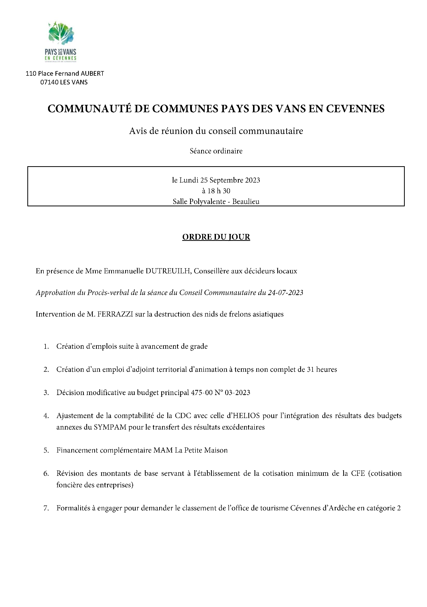 Conseil communautaire du lundi 25 Septembre 2023