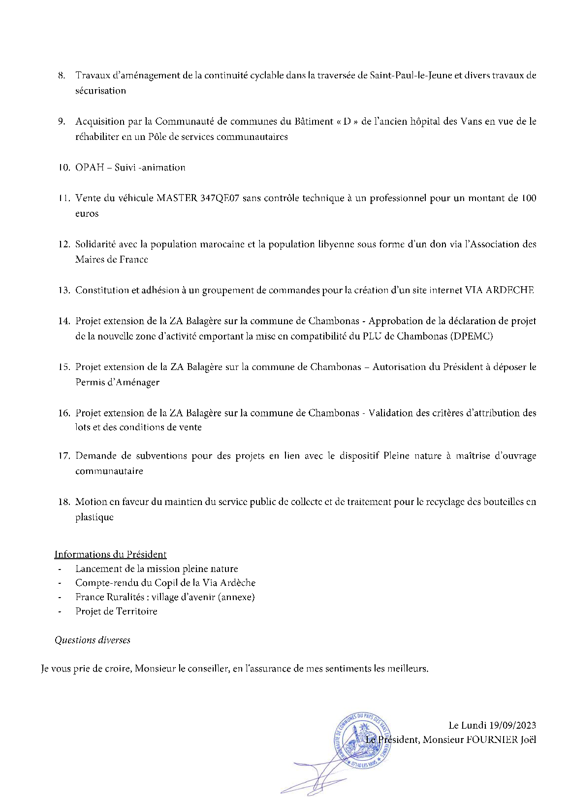 Conseil communautaire du lundi 25 Septembre 2023