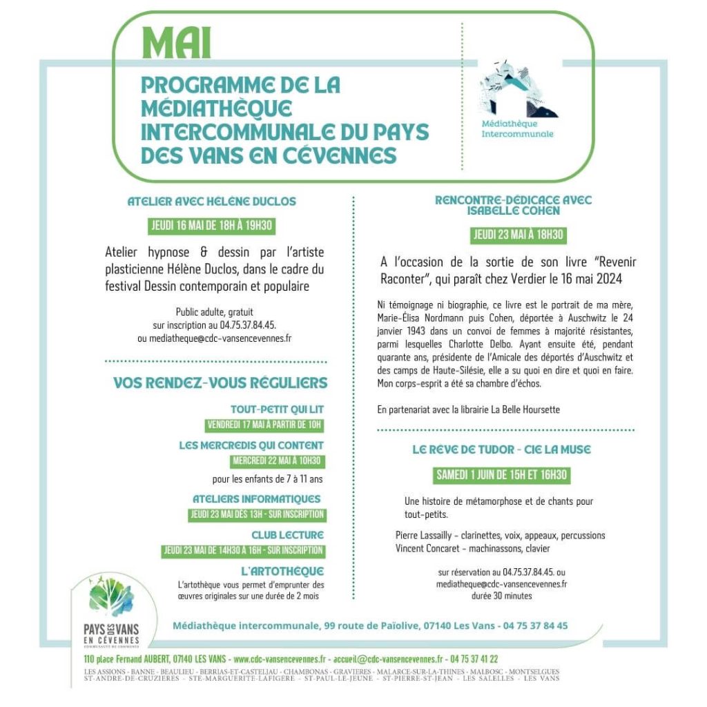 Visuel du programme de la médiathèque intercommunale au mois de mai 2024