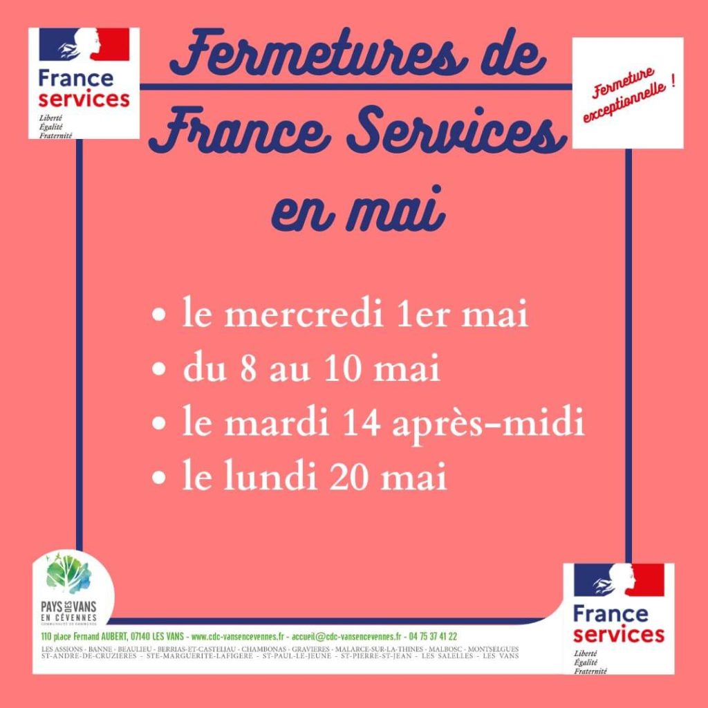 Affiche des jours de fermeture exceptionnelle de France Services au moi de mai 2024