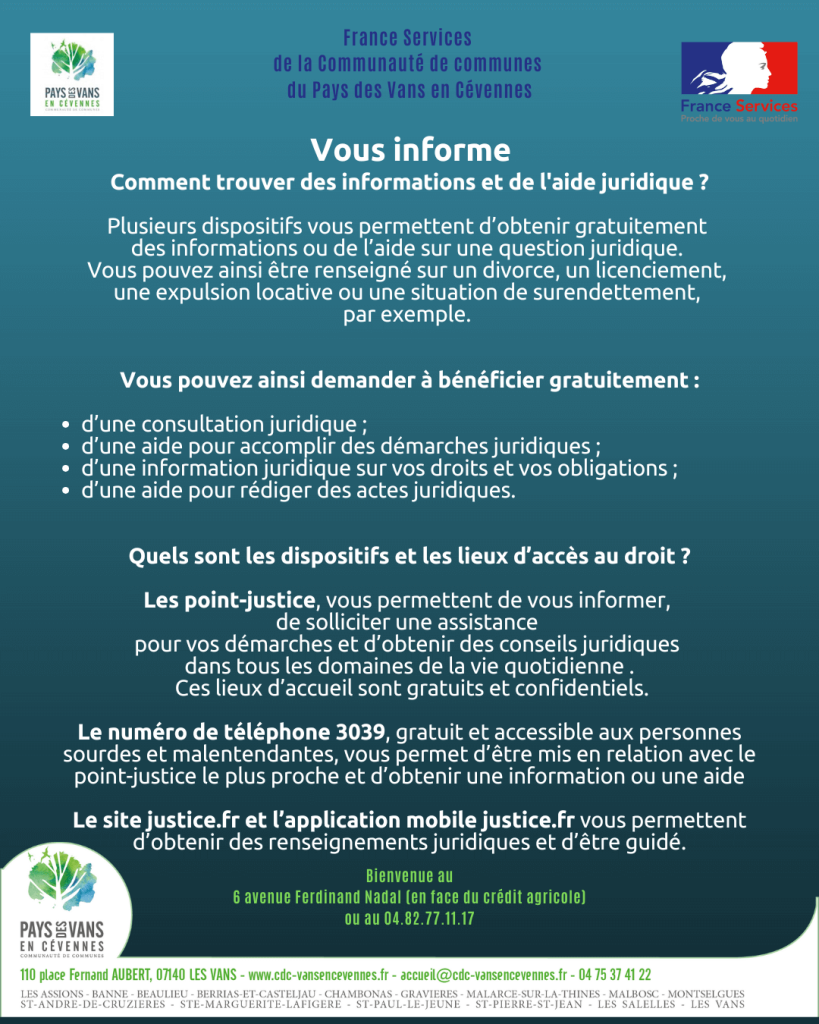Information France services sur l'aide juridique en mai 2025