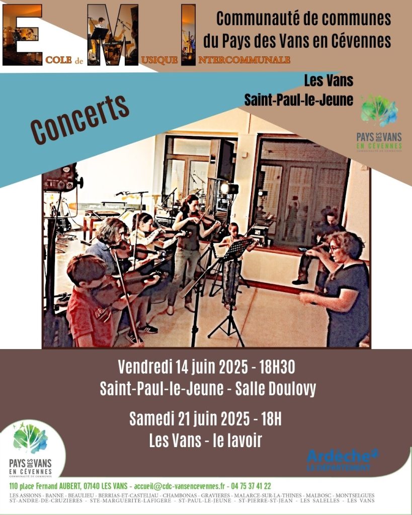 Affiche des concerts de juin 2025 de l'école de musique intercommunale