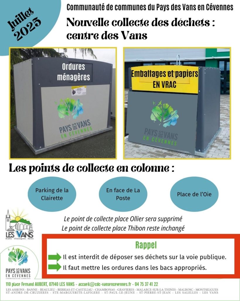 Affiche nouvelle collecte des déchets au centre des Vans