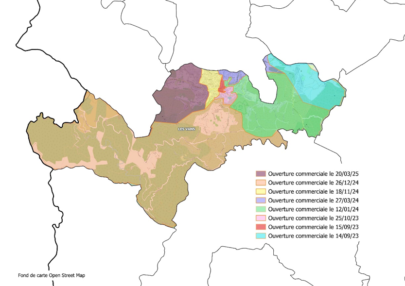 Carte des secteurs concernés par l'arrivée de la fibre au 10 juin 2025