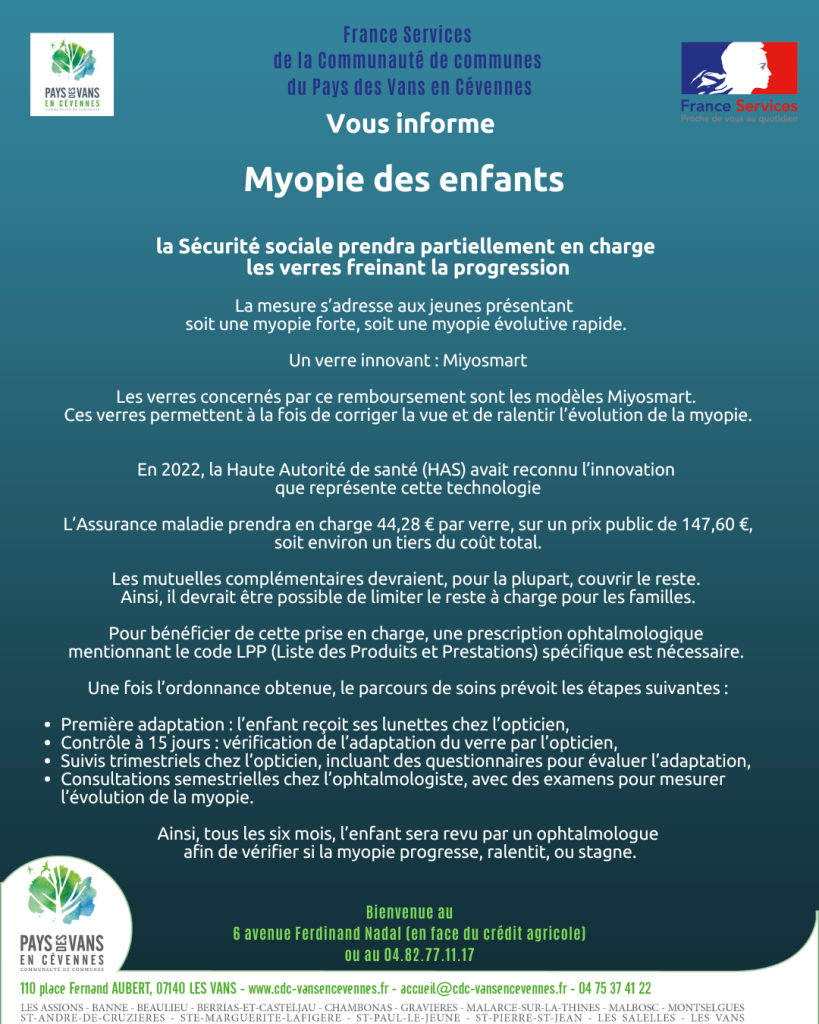 Affiche décrivant le nouveau dispositif d'accompagnement de la myopie des enfants par la sécurité sociale juillet 2025
