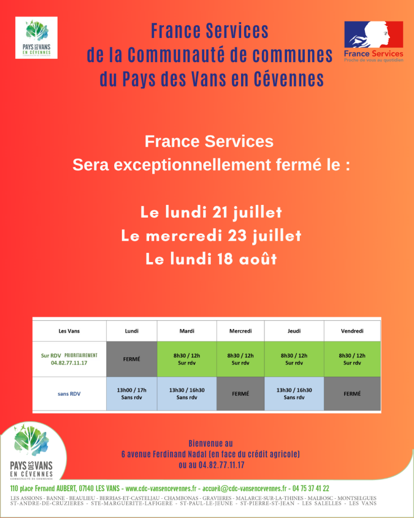 Affiche pour les fermetures mensuelles de France services au mois de juillet