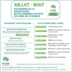 affiche du programme de juillet et août 2025 de la médiathèque