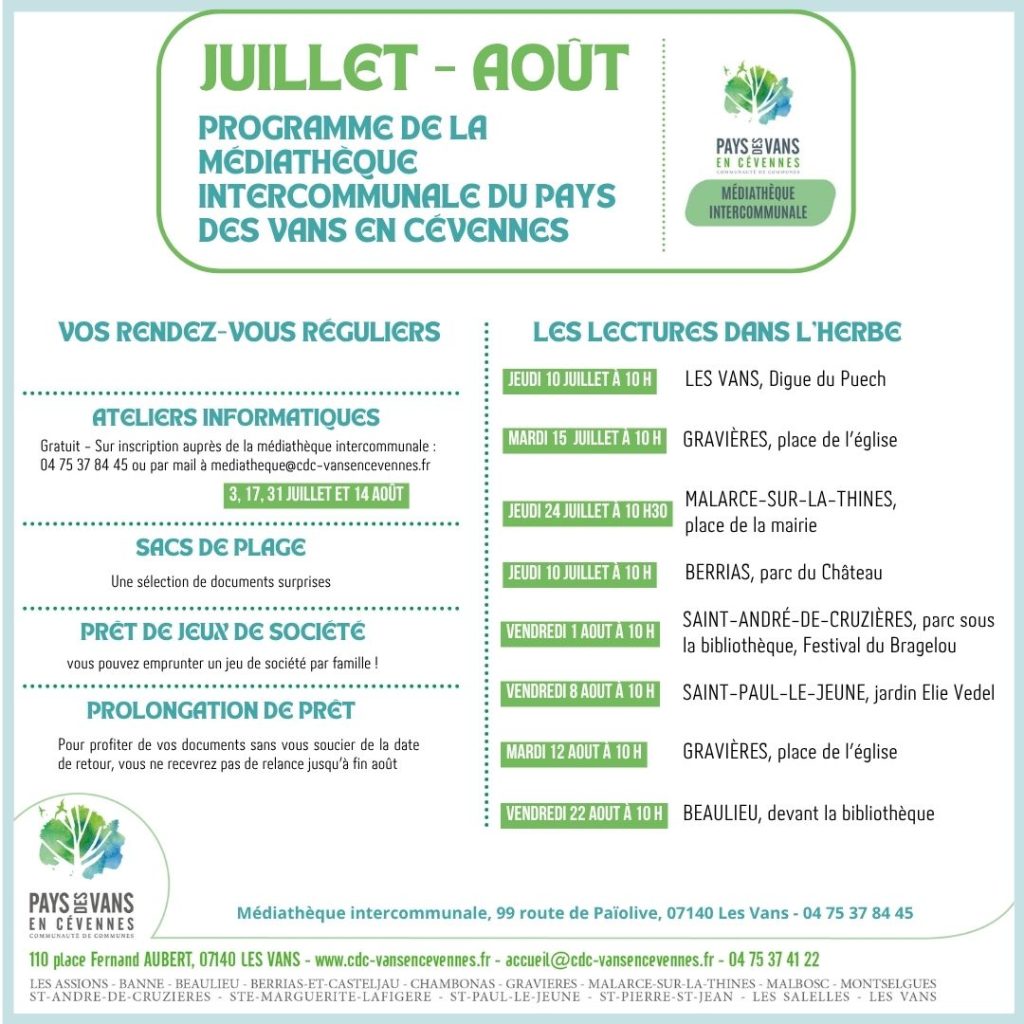 affiche du programme de juillet et août 2025 de la médiathèque