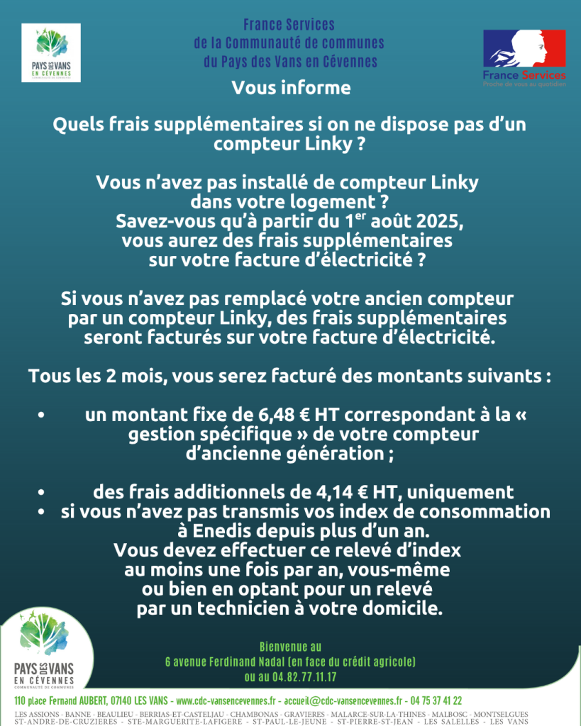 affiche France services concernant les compteurs Linky, août 2025