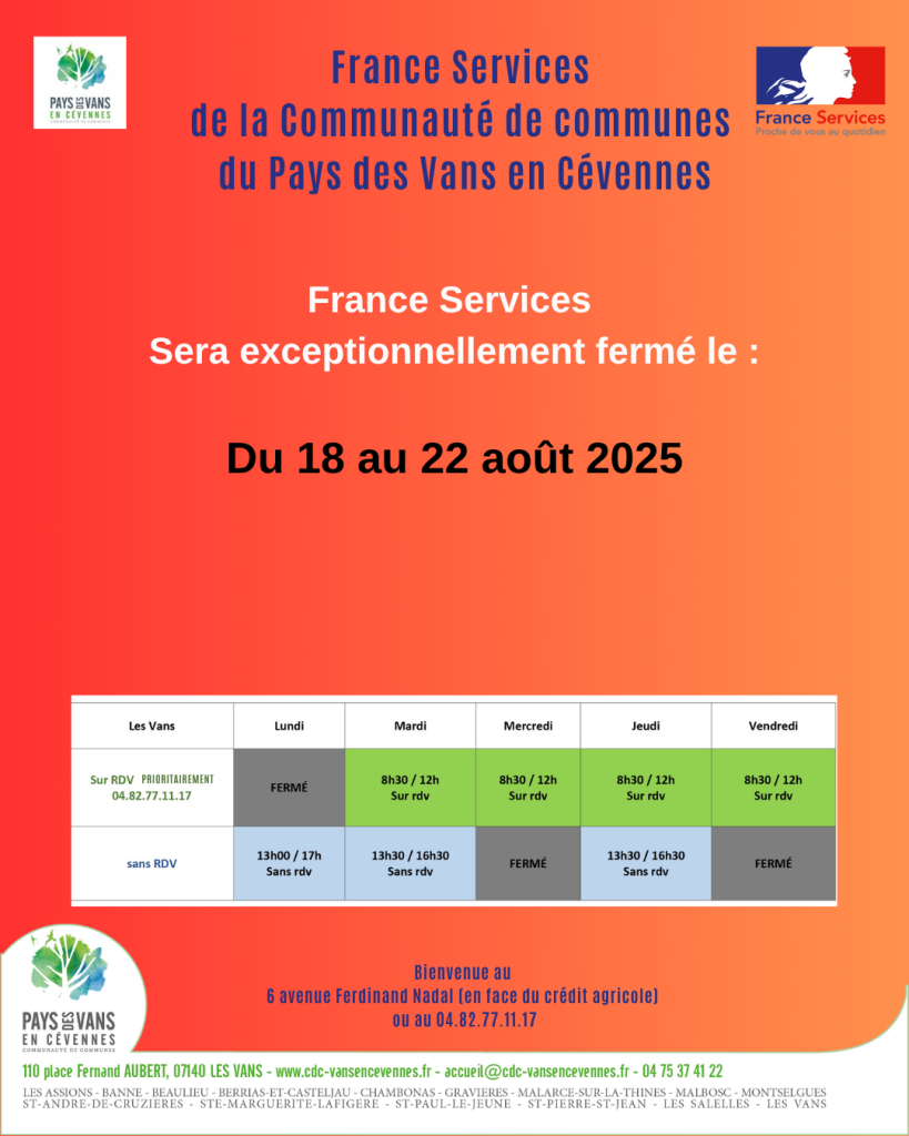 Fermetures exceptionnelles du mois d'août 2025 à France services
