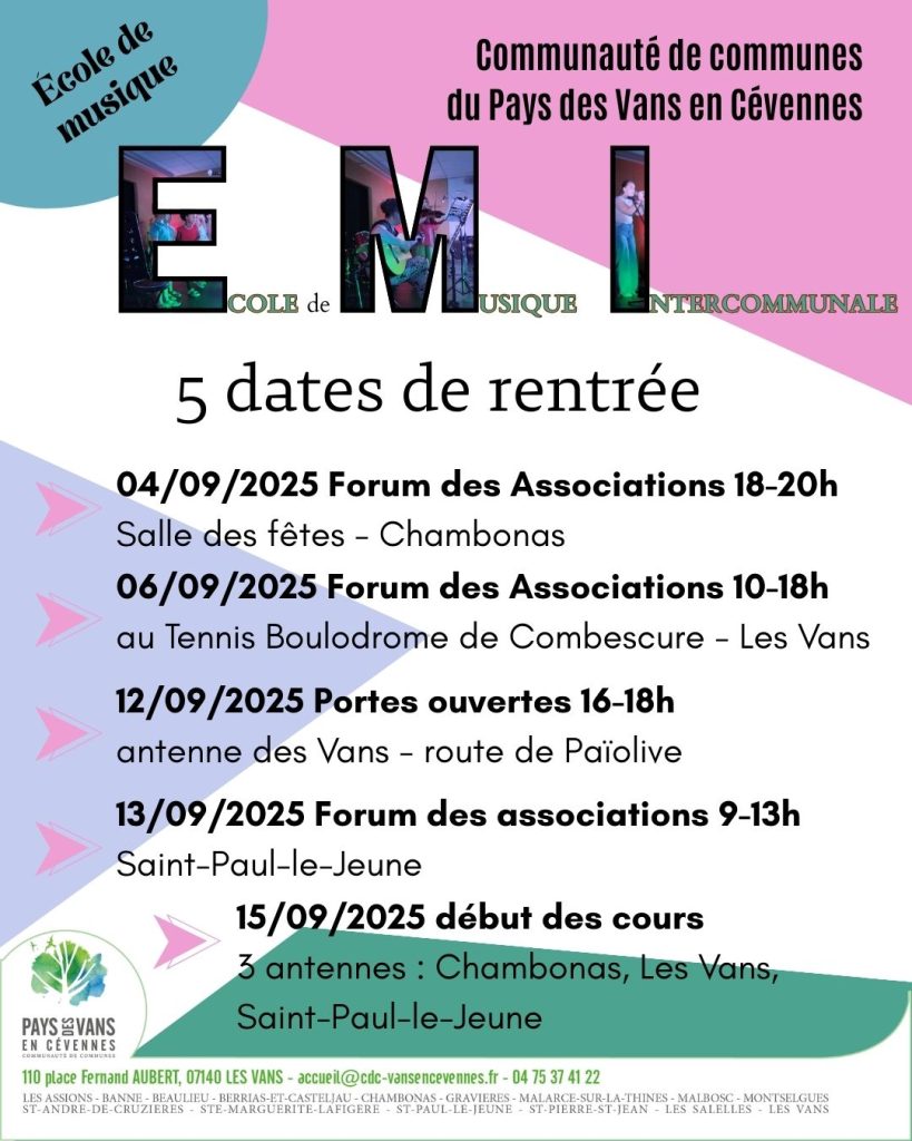 Dates de rentrée de l'école de musique intercommunale, septembre 2025