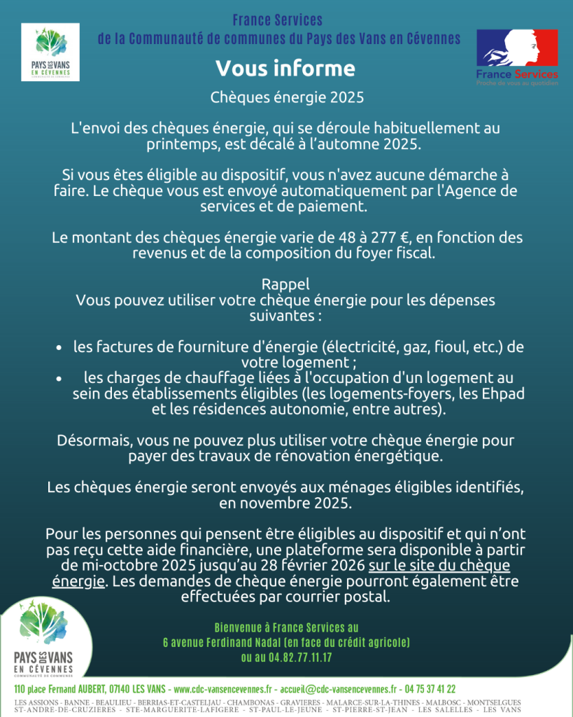 Information France services sur le chèque énergie, septembre 2025
