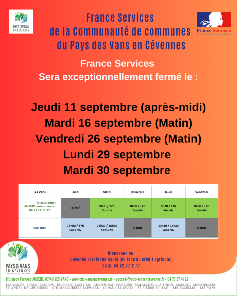 Les jours de fermeture de France services au mois de septembre 2025