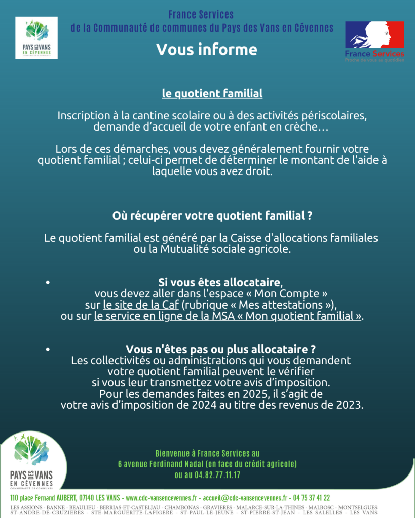 Affiche France services sur le quotient familial septembre 2025