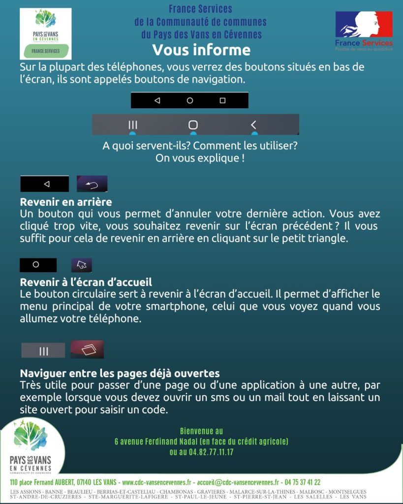 Information France services de novembre 2025 sur l'utilisation des boutons de navigation d'un téléphone