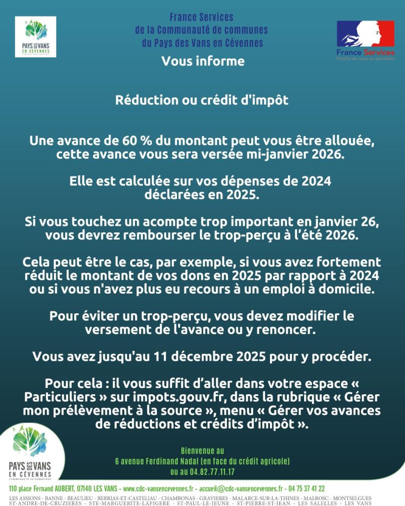 information France services de novembre 2025 sur la réduction ou un crédit d'impôt