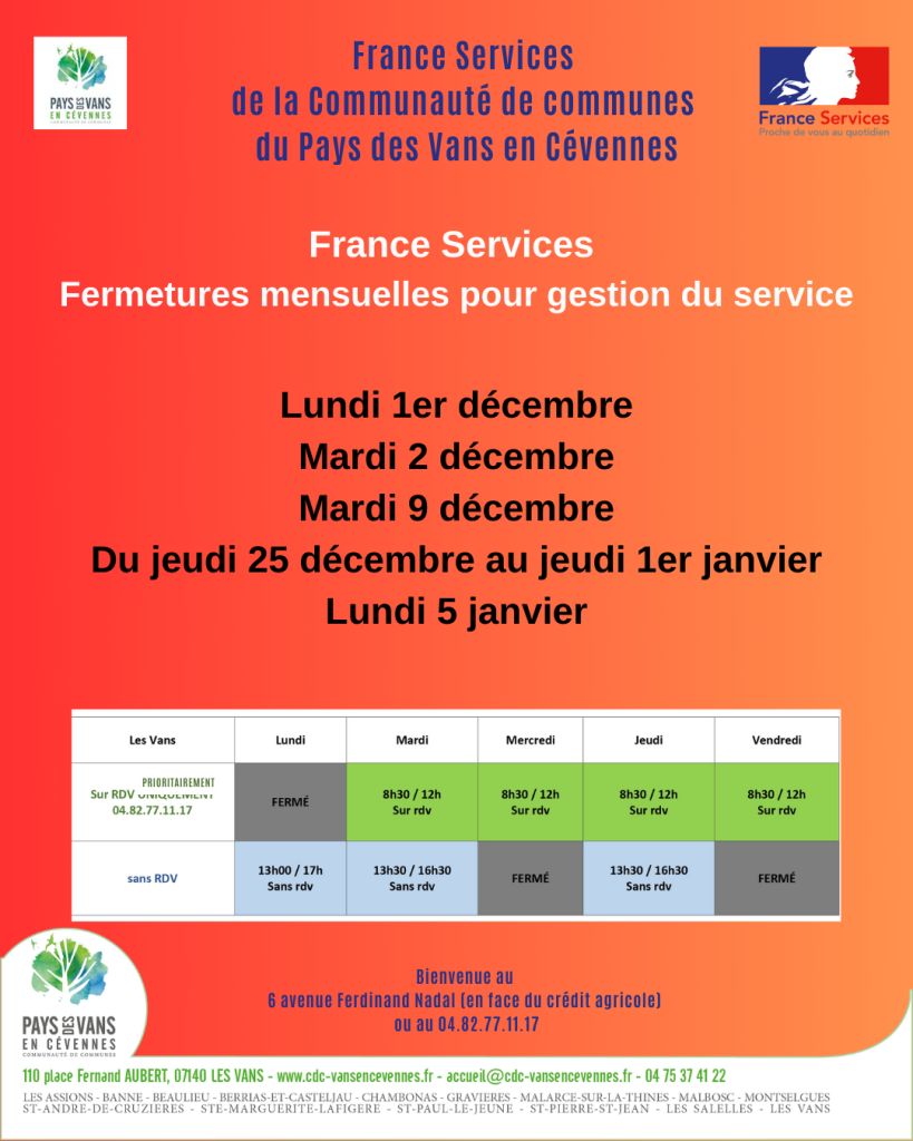 Fermetures mensuelles France services décembre 2025
