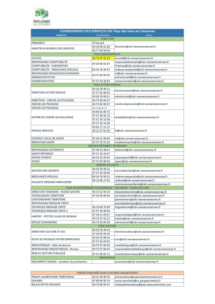 Coordonnées des services de la Communauté de communes mises à jour le 18 novembre 2025