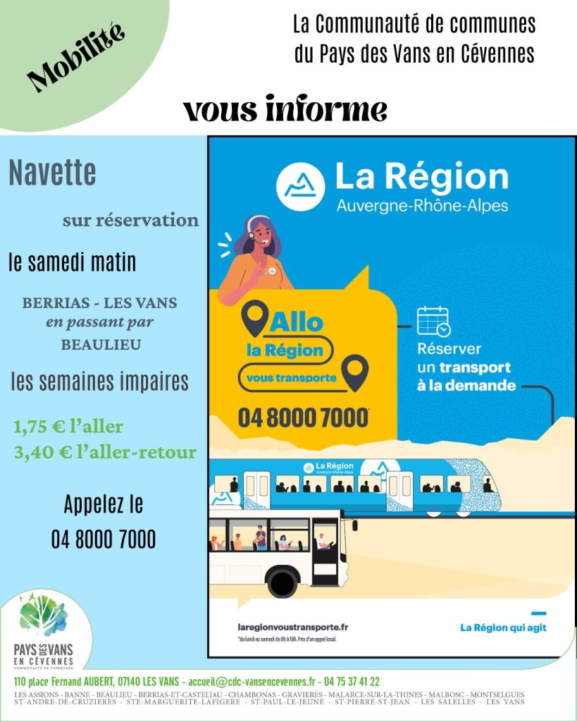 affiche pour la navette du samedi matin Berrias-Beaulieu-Les Vans
