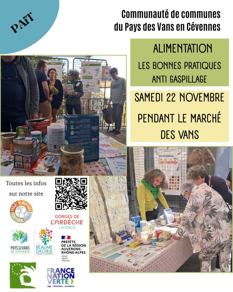 Affiche sur le stand du 22 novembre 2025 au marché des Vans sur la réduction des déchets