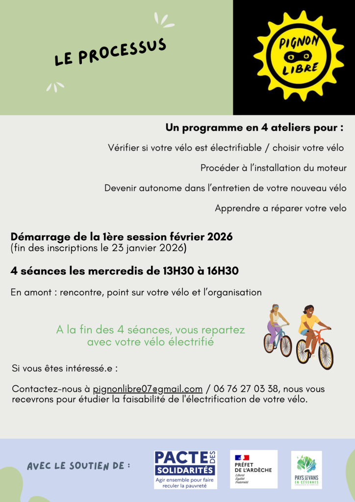 Affiche pour l'électrification de vélos mécaniques, décembre 2025, avec les dates d'ateliers