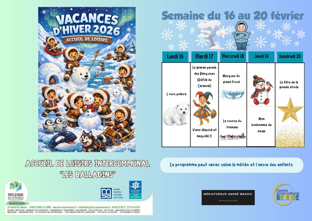 Programme des vacances d'hiver 2026 des Balladins page 1
