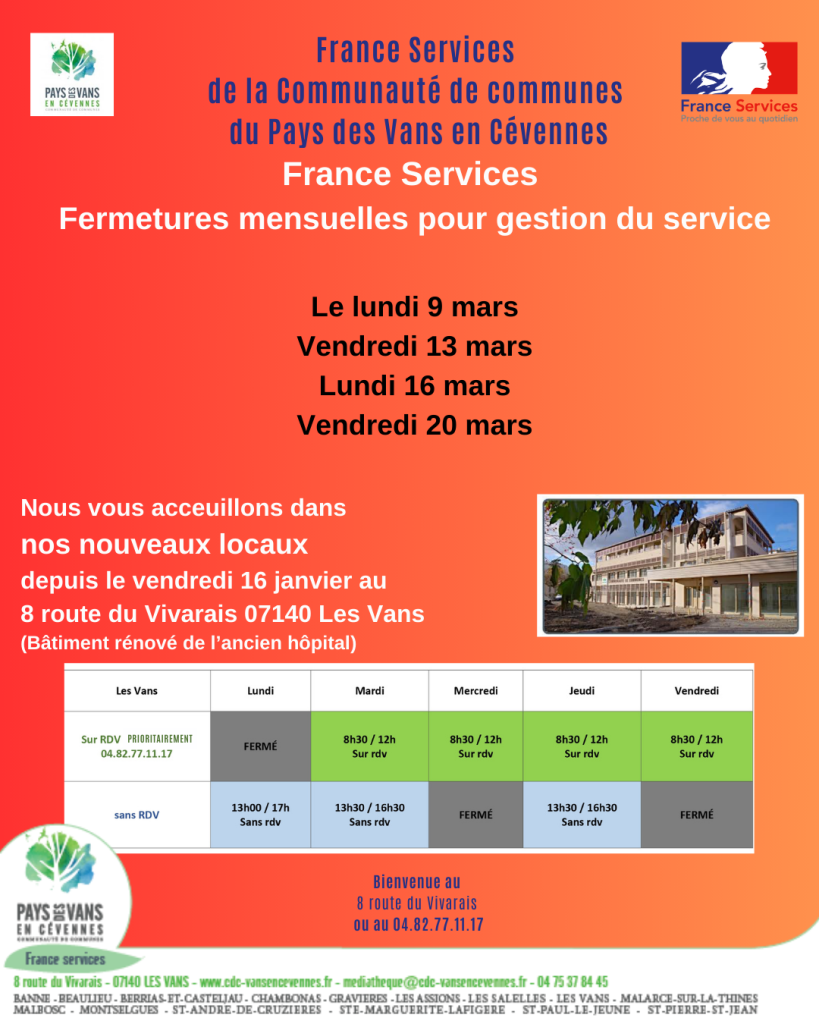 Fermetures mensuelles de France services au mois de mars 2026