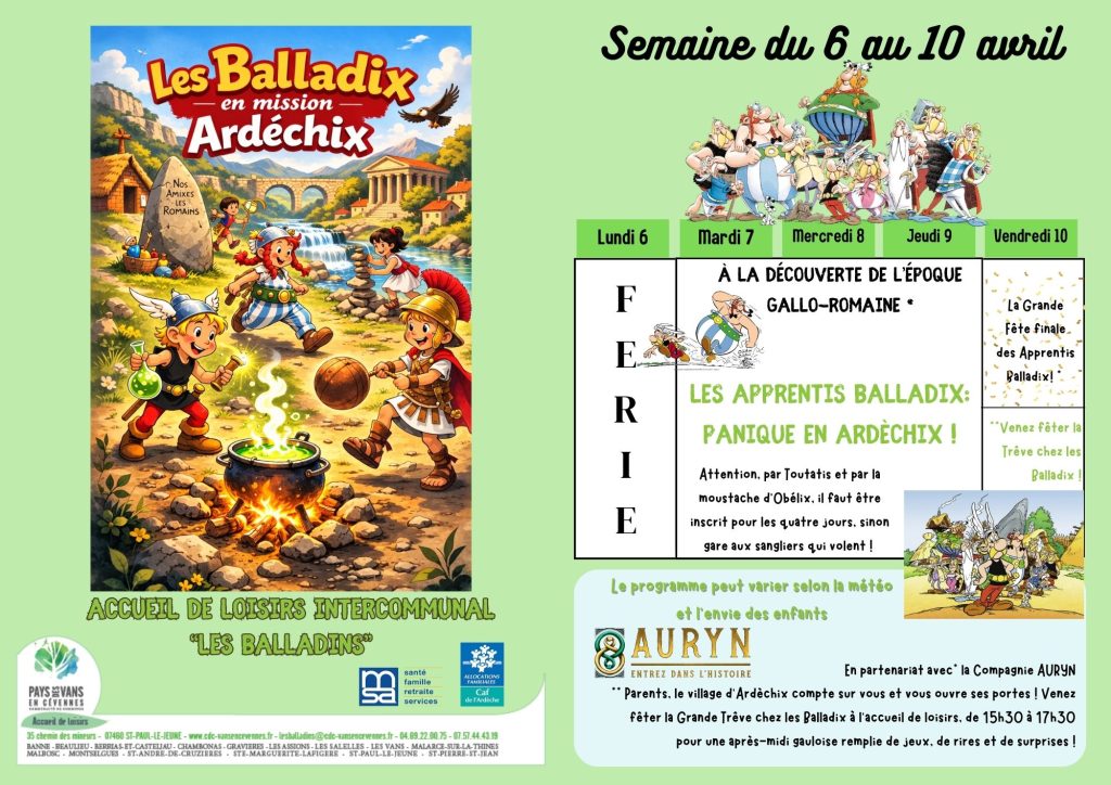 Page 1 du programme des vacances de printemps 2026 de l'accueil de loisirs Les Balladins