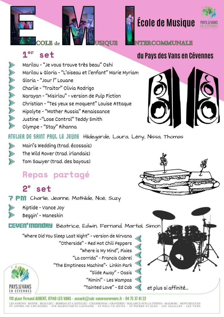 Programme du concert de l'école de musique du 3 avril 2026