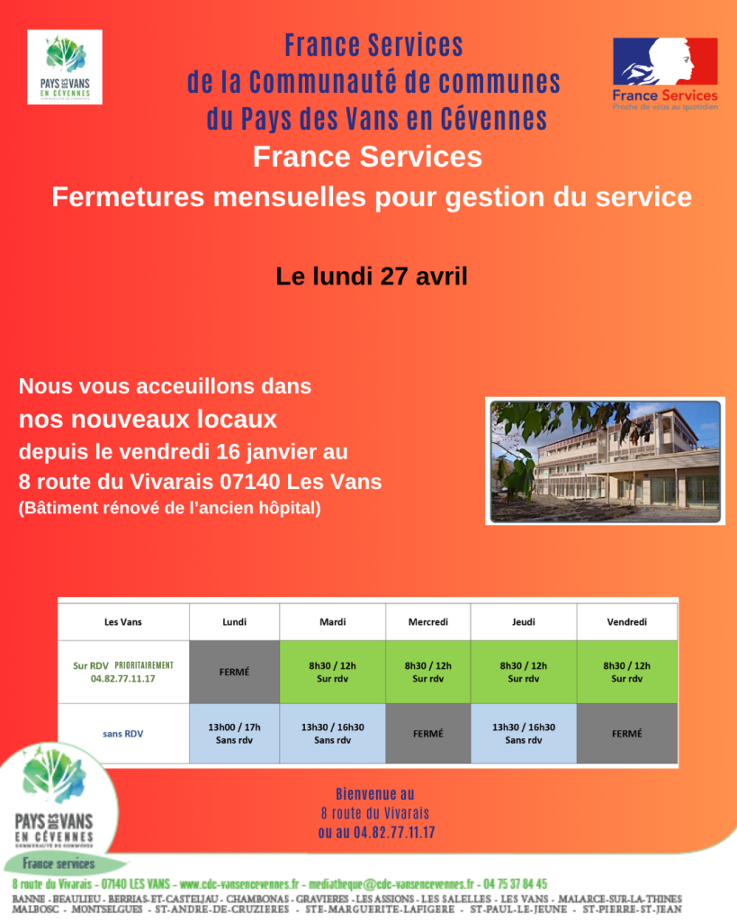 Affiche jours de fermeture en avril 2026 de France services