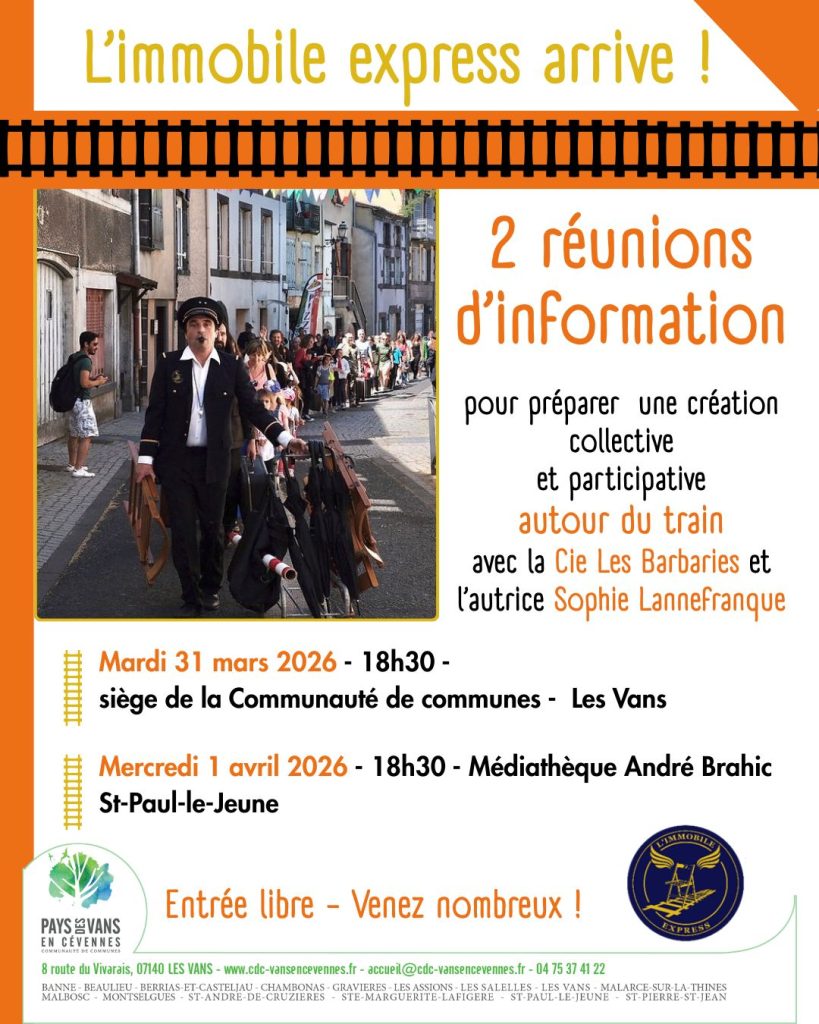 Affiche pour les réunions publiques en lien avec la création collective de l'"Immobile express", les 31 mars et 1 avril 2026