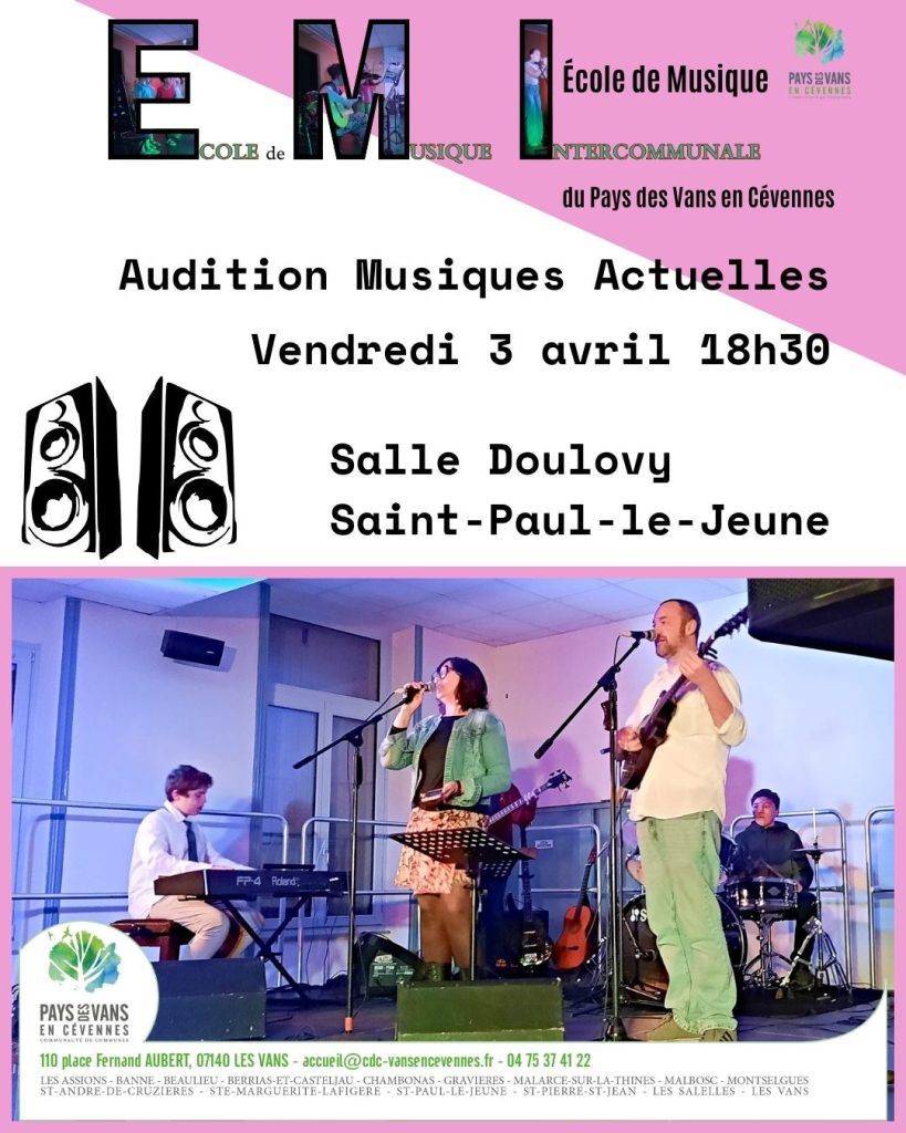 Affiche pour le concert de musiques actuelles de l'école de musique avril 2026