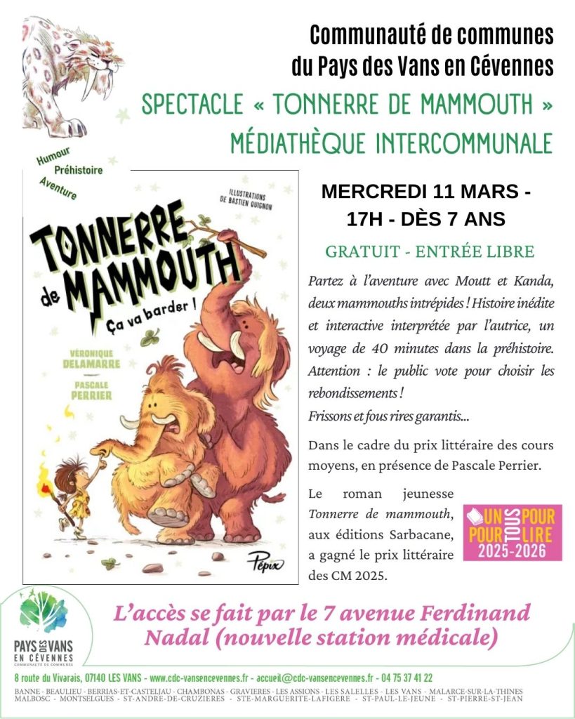 Affiche pour le spectacle "Tonnerre de Mammouth", à la médiathèque le 11 mars 2026