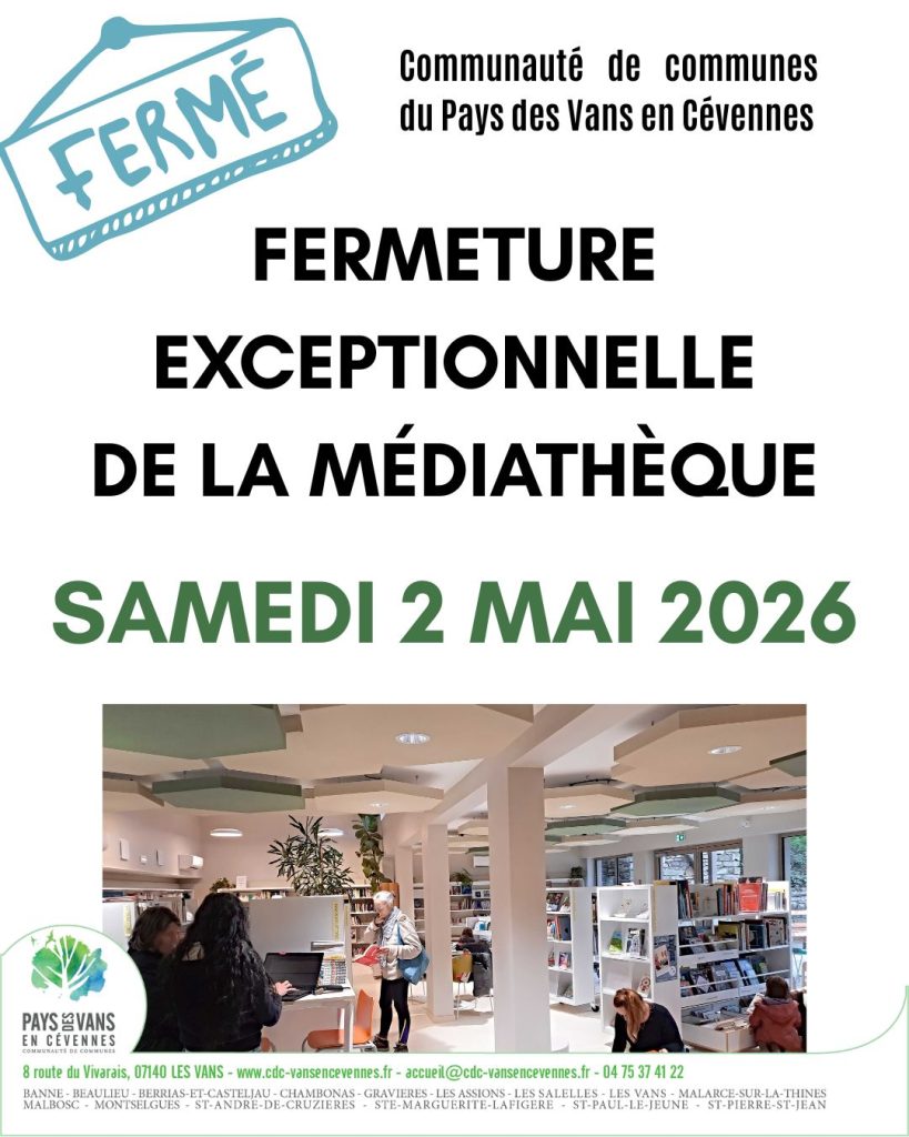 Affiche fermeture exceptionnelle de la médiathèque, le 2 mai 2026