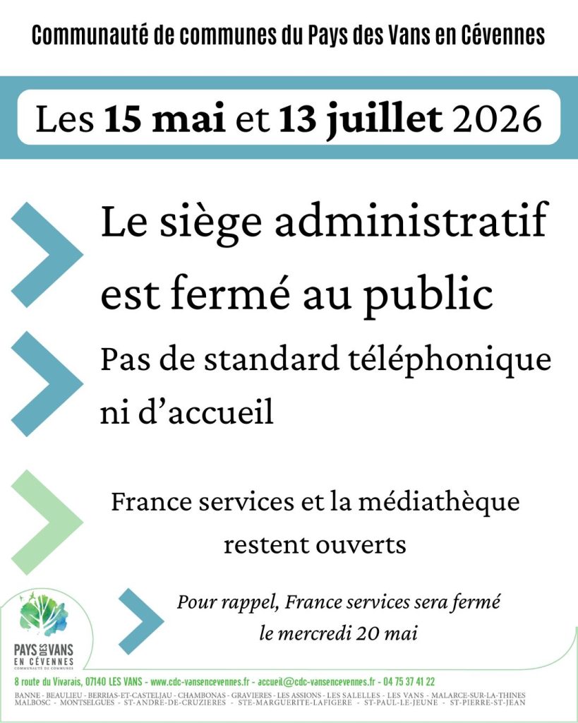Affiche de la fermeture de l'accueil de la collectivité les 156 mai et 13 juillet 2026