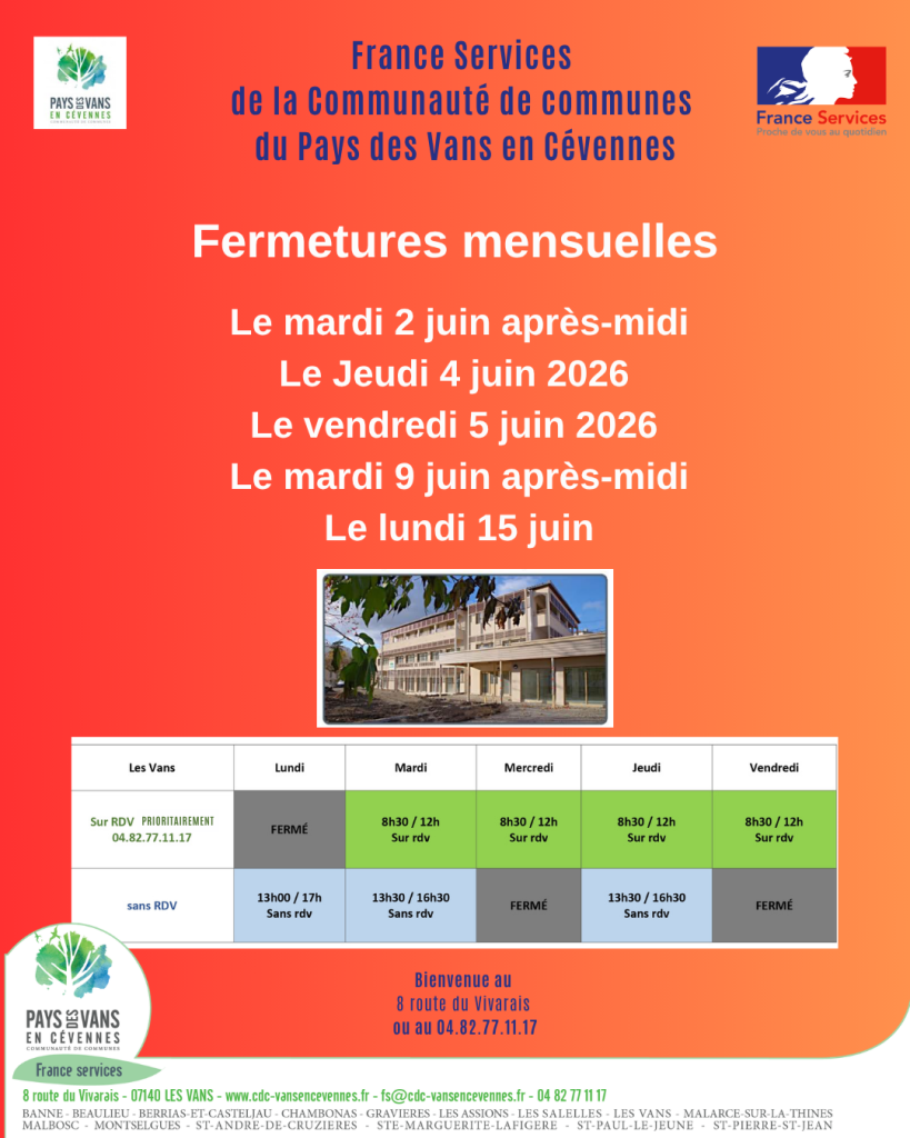 Affiche avec les fermetures mensuelles de France services de juin 2026