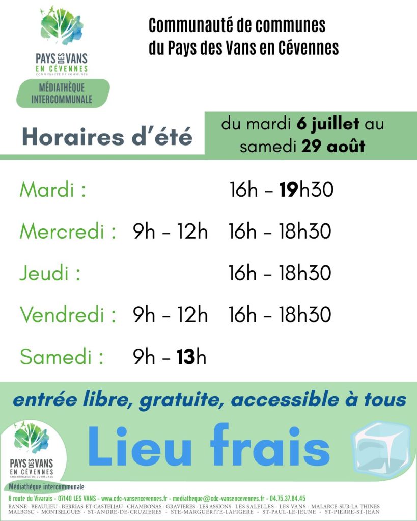 Affiche avec les horaires d'été 2026 de la médiathèque