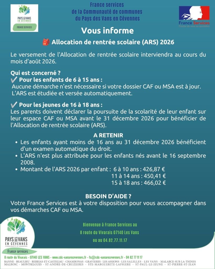 Affiche France service sur l'allocation rentrée scolaire 2026