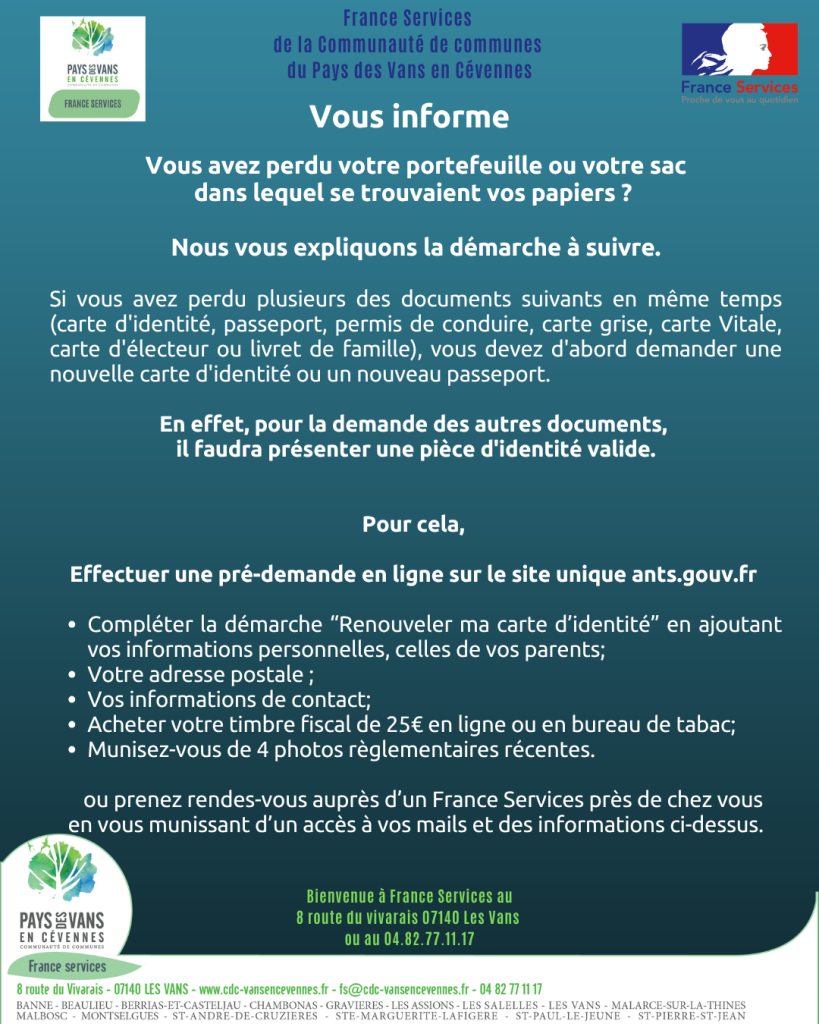 Affiche sur la démarche à suivre en cas de vol ou perte de papiers administratifs