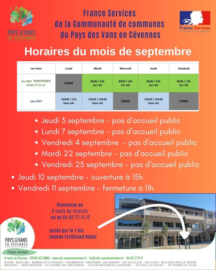 Affiche des jours d'ouverture de France services pour le mois de septembre 2026