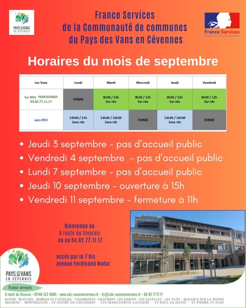 Affiche des jours d'ouverture de France services pour le mois de septembre 2026