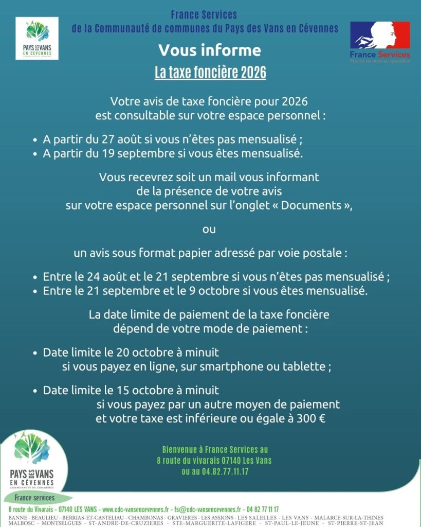 Affiche France services de renseignements sur la taxe foncière 2026