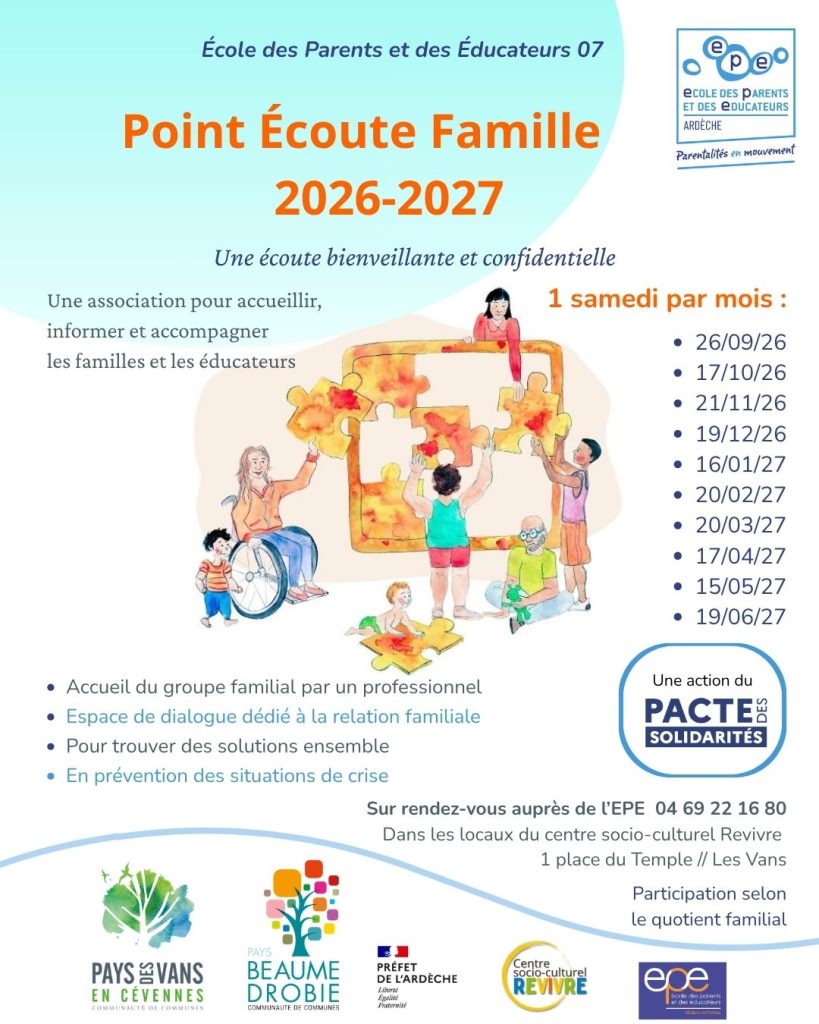 Affiche pour le point écoute famille, permanences 2026-2027 aux Vans