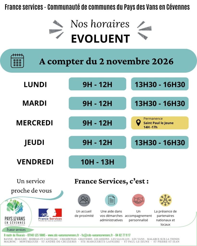 Affiche des nouveaux horaires de France services, à compter du 2 novembre 2026