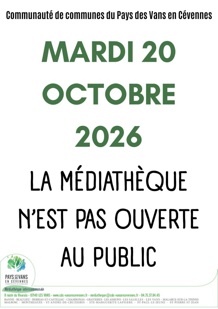 Affiche annonçant la fermeture exceptionnelle de la médiathèque le 20 octobre 2026